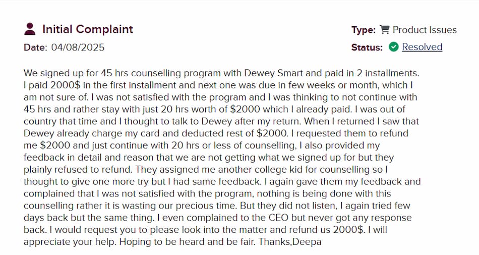 Dewey Smart complaints